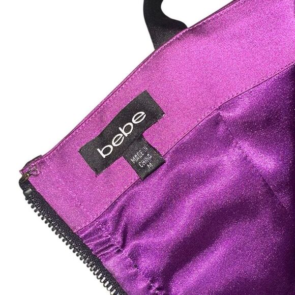 NWOT BEBE LUCIA size M Bodycon Satin Party Mini Dress Violet/ black sexy - Picture 3 of 8